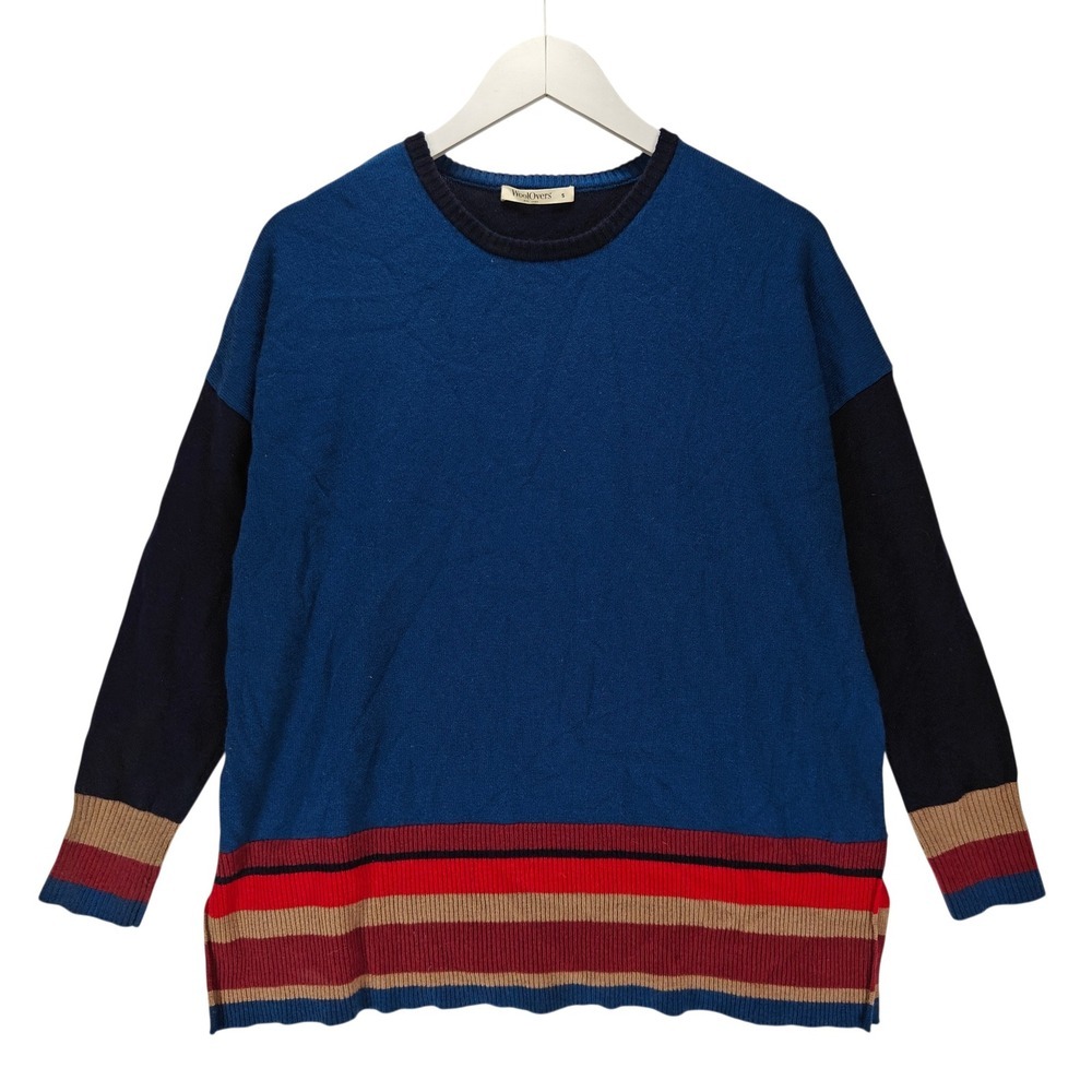 WoolOvers Extra Fine Merino Wool Colorblock Striped Sweater Blue Navy Small